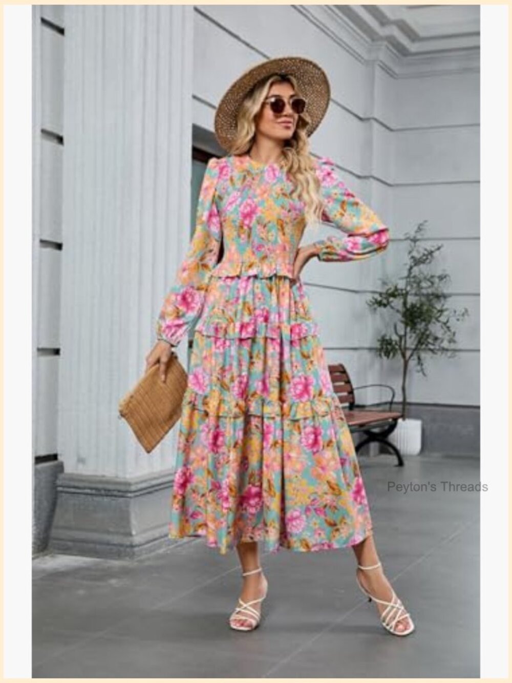 Women's Floral Smocked Maxi Dress Long Puff Sleeve Bohemian Tiered Ruffle - Picture 5 of 7